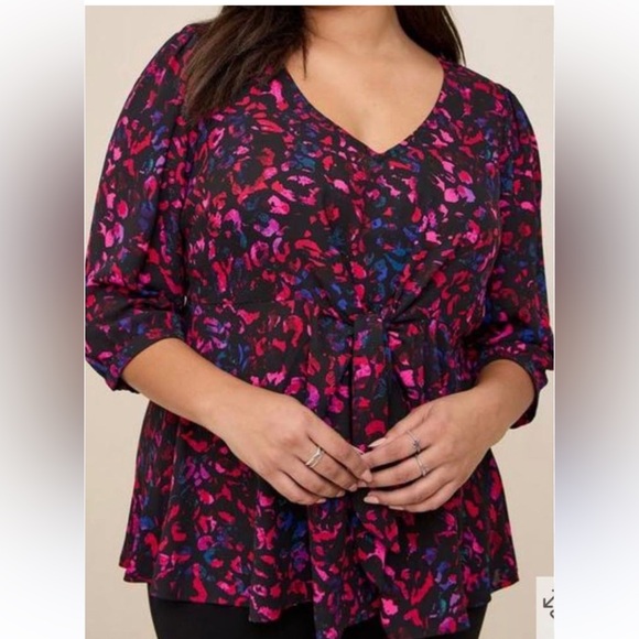 Torrid Peplum Georgette Tie Front Leopard Print  Blouse Plus Size 2X Black Pink - Picture 1 of 14